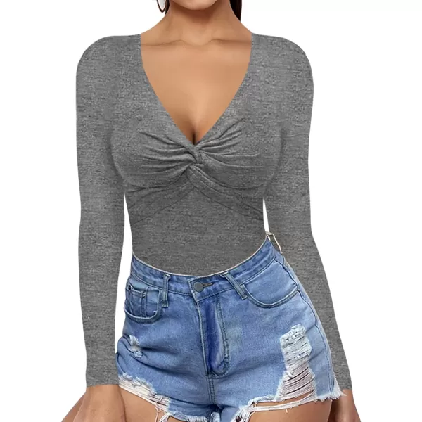 MANGOPOP Bodysuit for Women Deep V Neck Twist Knot Fitted Short Sleeve Long Sleeve TopsLong Sleeve Dark Heather Grey