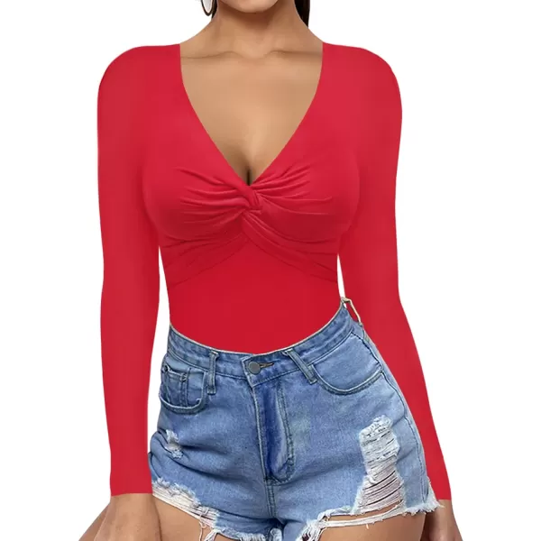 MANGOPOP Bodysuit for Women Deep V Neck Twist Knot Fitted Short Sleeve Long Sleeve TopsLong Sleeve Red