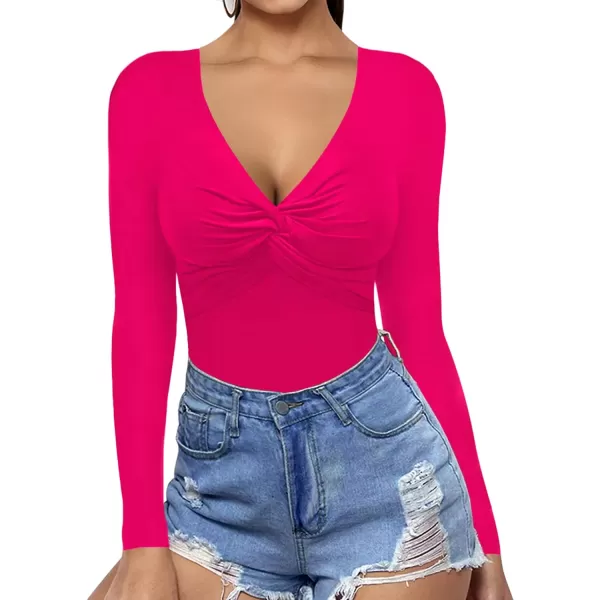 MANGOPOP Bodysuit for Women Deep V Neck Twist Knot Fitted Short Sleeve Long Sleeve TopsLong Sleeve Rose Pink