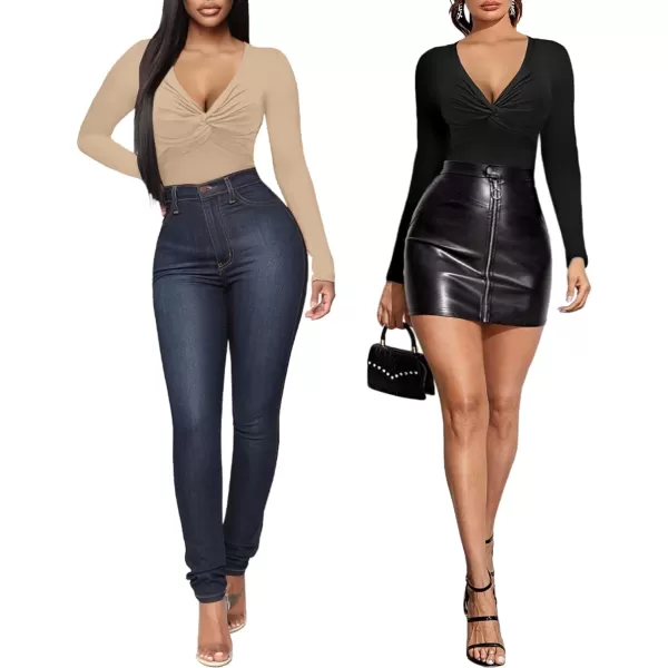 MANGOPOP Bodysuit for Women Deep V Neck Twist Knot Fitted Short Sleeve Long Sleeve TopsNude