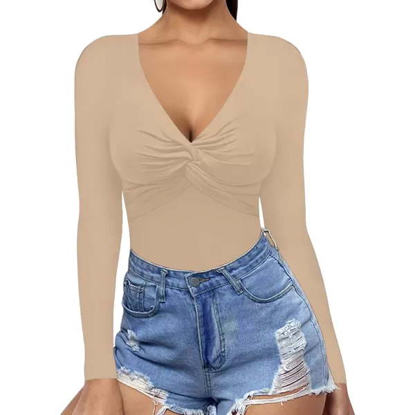 MANGOPOP Bodysuit for Women Deep V Neck Twist Knot Fitted Short Sleeve Long Sleeve TopsNude