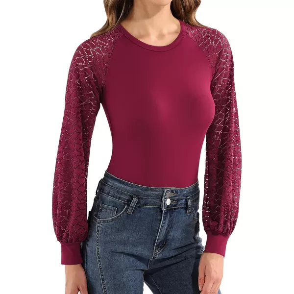 MANGOPOP Crew Neck Lace Puff Long Sleeve Bodysuit Hollow Out Sexy TopsBlocky Burgundy