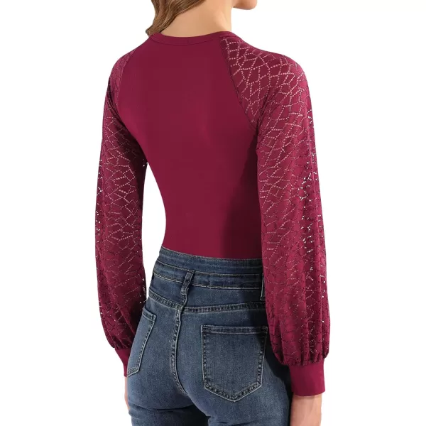 MANGOPOP Crew Neck Lace Puff Long Sleeve Bodysuit Hollow Out Sexy TopsBlocky Burgundy