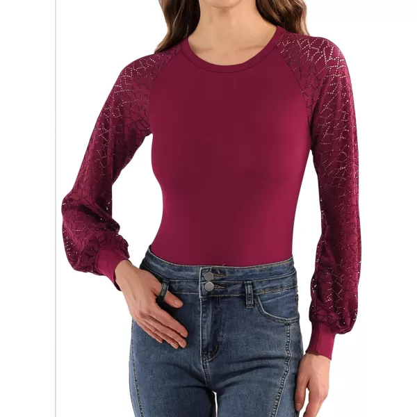 MANGOPOP Crew Neck Lace Puff Long Sleeve Bodysuit Hollow Out Sexy TopsBlocky Burgundy