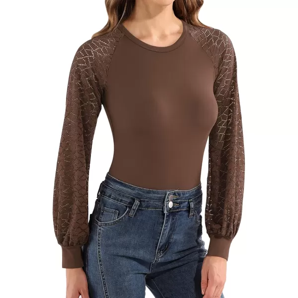 MANGOPOP Crew Neck Lace Puff Long Sleeve Bodysuit Hollow Out Sexy TopsBlocky Coffee