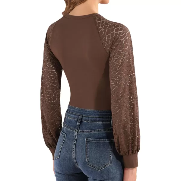 MANGOPOP Crew Neck Lace Puff Long Sleeve Bodysuit Hollow Out Sexy TopsBlocky Coffee