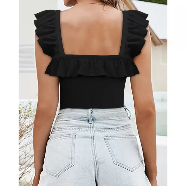 MANGOPOP Cute Ruffle Strap Sleeveless Tank Tops Square Neck Long Sleeve Bodysuit for WomenB Sleeveless Black