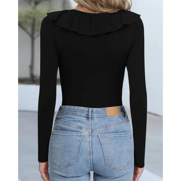 MANGOPOP Cute Ruffle Strap Sleeveless Tank Tops Square Neck Long Sleeve Bodysuit for WomenC Long Sleeve Black