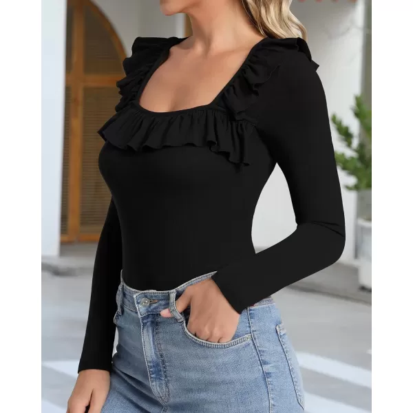 MANGOPOP Cute Ruffle Strap Sleeveless Tank Tops Square Neck Long Sleeve Bodysuit for WomenC Long Sleeve Black