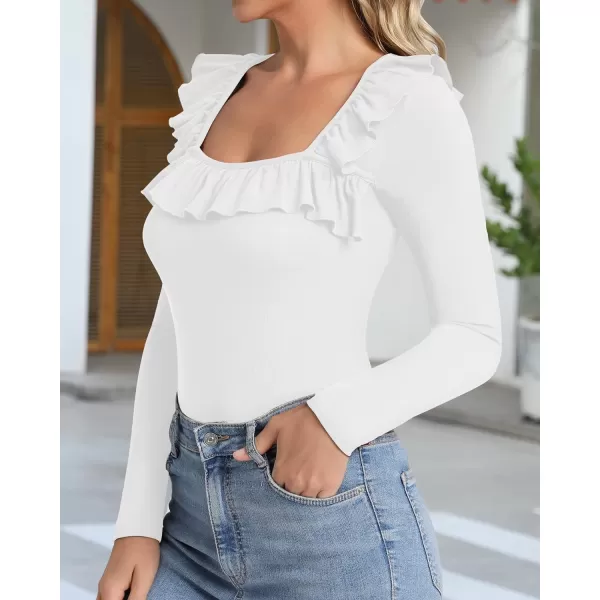 MANGOPOP Cute Ruffle Strap Sleeveless Tank Tops Square Neck Long Sleeve Bodysuit for WomenC Long Sleeve White