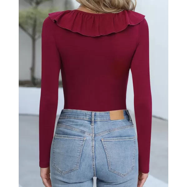 MANGOPOP Cute Ruffle Strap Sleeveless Tank Tops Square Neck Long Sleeve Bodysuit for WomenLong Sleeve Burgundy