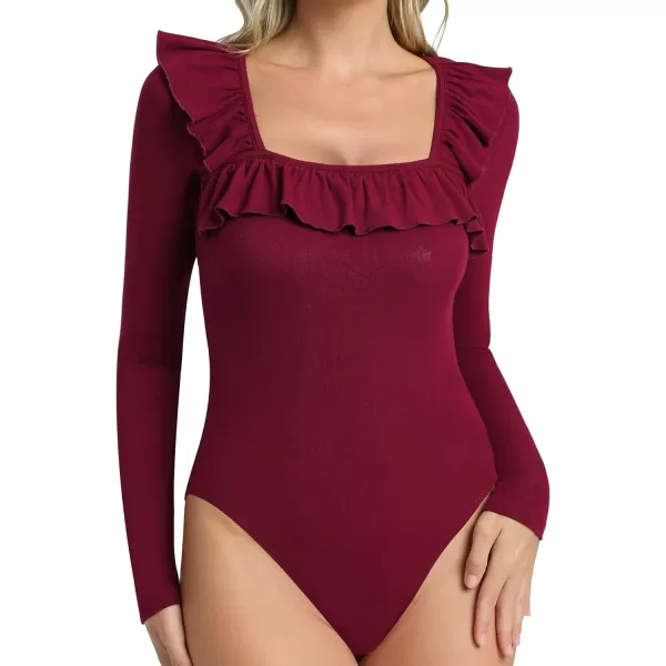 MANGOPOP Cute Ruffle Strap Sleeveless Tank Tops Square Neck Long Sleeve Bodysuit for WomenLong Sleeve Burgundy