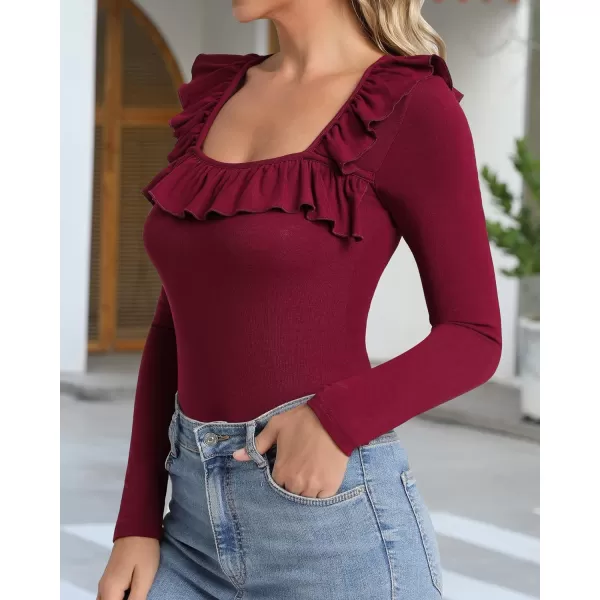 MANGOPOP Cute Ruffle Strap Sleeveless Tank Tops Square Neck Long Sleeve Bodysuit for WomenLong Sleeve Burgundy