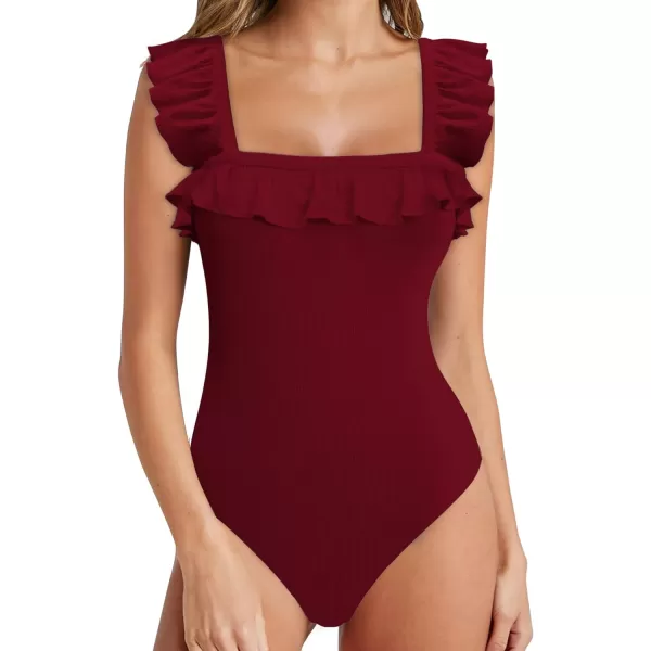 MANGOPOP Cute Ruffle Strap Sleeveless Tank Tops Square Neck Long Sleeve Bodysuit for WomenSleeveless Burgundy