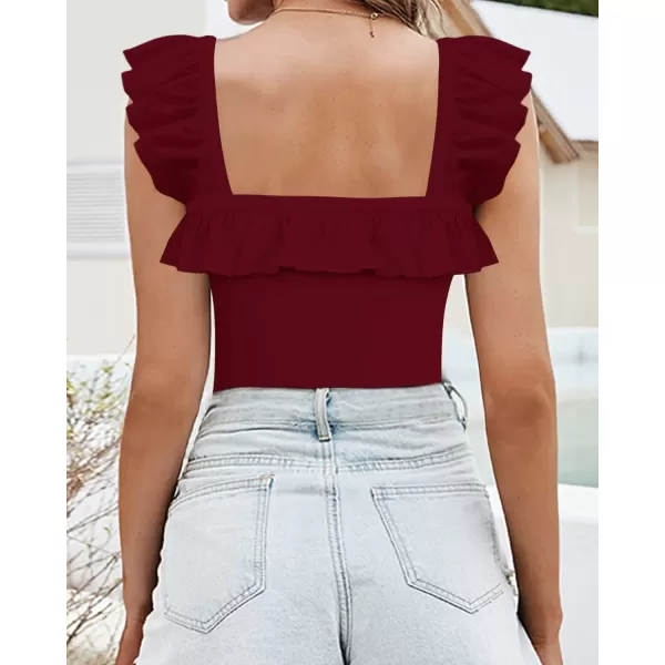 MANGOPOP Cute Ruffle Strap Sleeveless Tank Tops Square Neck Long Sleeve Bodysuit for WomenSleeveless Burgundy