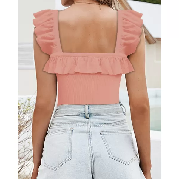 MANGOPOP Cute Ruffle Strap Sleeveless Tank Tops Square Neck Long Sleeve Bodysuit for WomenSleeveless Pink