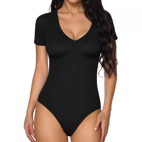 MANGOPOP Deep V Neck Short Sleeve Long Sleeve Tops Bodysuit for Women ClothingB Short Sleeve Black