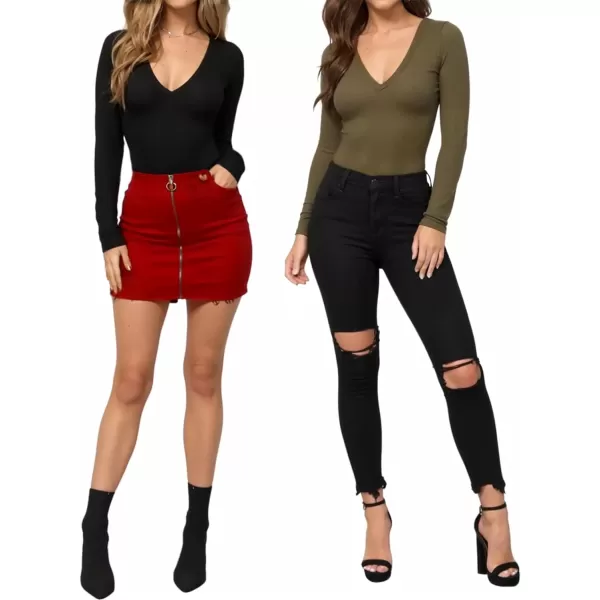 MANGOPOP Deep V Neck Short Sleeve Long Sleeve Tops Bodysuit for Women ClothingLong Sleeve Army Green