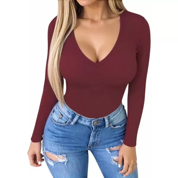 MANGOPOP Deep V Neck Short Sleeve Long Sleeve Tops Bodysuit for Women ClothingLong Sleeve Burgundy