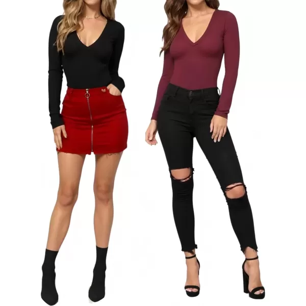 MANGOPOP Deep V Neck Short Sleeve Long Sleeve Tops Bodysuit for Women ClothingLong Sleeve Burgundy