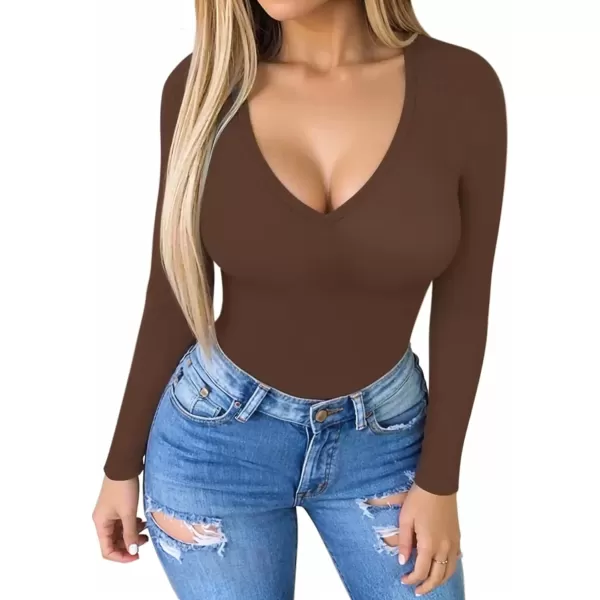 MANGOPOP Deep V Neck Short Sleeve Long Sleeve Tops Bodysuit for Women ClothingLong Sleeve Coffee