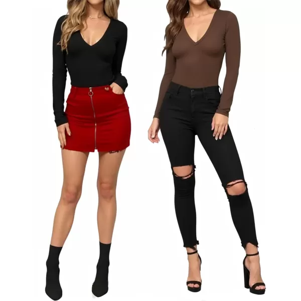 MANGOPOP Deep V Neck Short Sleeve Long Sleeve Tops Bodysuit for Women ClothingLong Sleeve Coffee