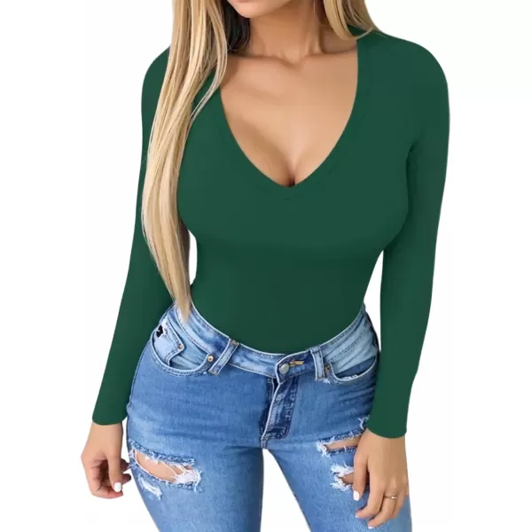 MANGOPOP Deep V Neck Short Sleeve Long Sleeve Tops Bodysuit for Women ClothingLong Sleeve Deep Green