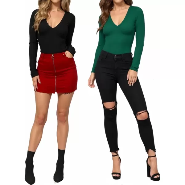 MANGOPOP Deep V Neck Short Sleeve Long Sleeve Tops Bodysuit for Women ClothingLong Sleeve Deep Green