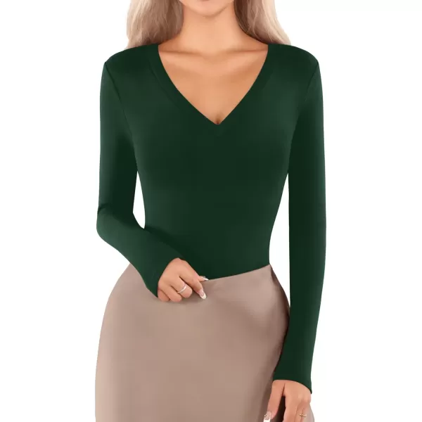 MANGOPOP Deep V Neck Short Sleeve Long Sleeve Tops Bodysuit for Women ClothingLong Sleeve Deep Green Fleece Lined