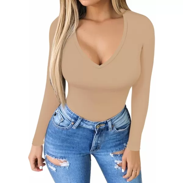 MANGOPOP Deep V Neck Short Sleeve Long Sleeve Tops Bodysuit for Women ClothingLong Sleeve Mocha