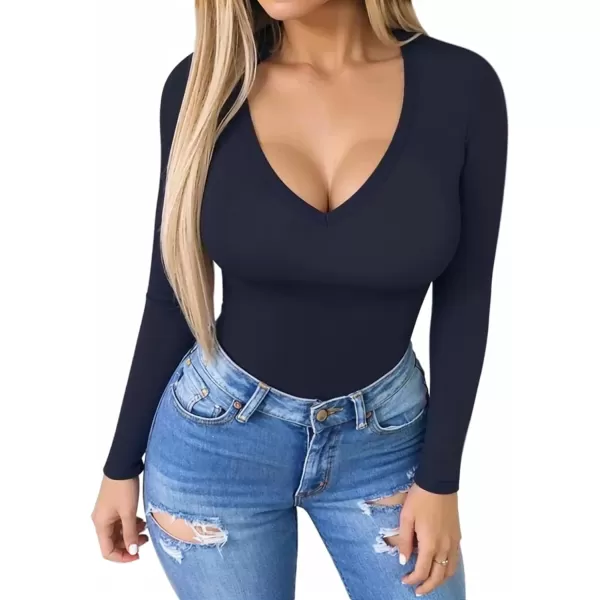 MANGOPOP Deep V Neck Short Sleeve Long Sleeve Tops Bodysuit for Women ClothingLong Sleeve Navy Blue