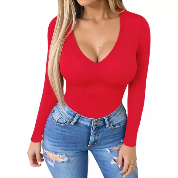 MANGOPOP Deep V Neck Short Sleeve Long Sleeve Tops Bodysuit for Women ClothingLong Sleeve Red