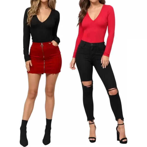 MANGOPOP Deep V Neck Short Sleeve Long Sleeve Tops Bodysuit for Women ClothingLong Sleeve Red