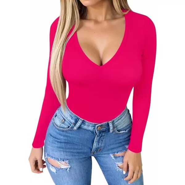 MANGOPOP Deep V Neck Short Sleeve Long Sleeve Tops Bodysuit for Women ClothingLong Sleeve Rose Pink