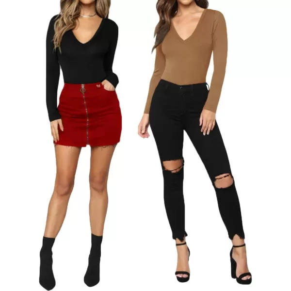 MANGOPOP Deep V Neck Short Sleeve Long Sleeve Tops Bodysuit for Women ClothingLong Sleeve Tan