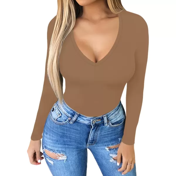 MANGOPOP Deep V Neck Short Sleeve Long Sleeve Tops Bodysuit for Women ClothingLong Sleeve Tan