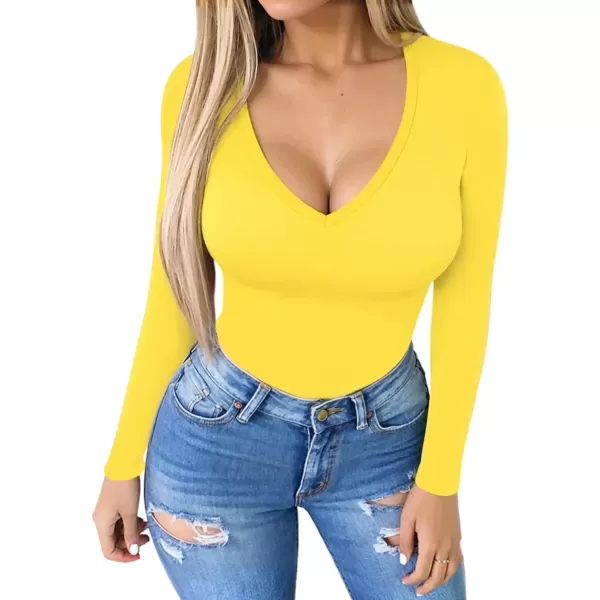 MANGOPOP Deep V Neck Short Sleeve Long Sleeve Tops Bodysuit for Women ClothingLong Sleeve Yellow