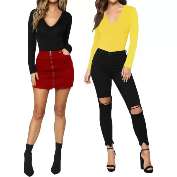 MANGOPOP Deep V Neck Short Sleeve Long Sleeve Tops Bodysuit for Women ClothingLong Sleeve Yellow