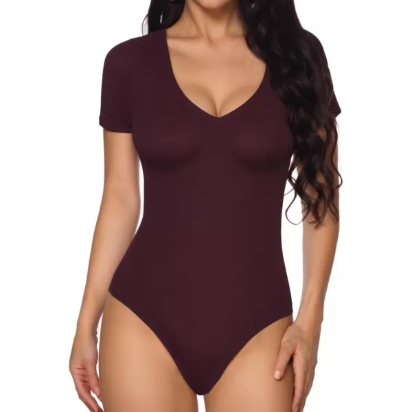 MANGOPOP Deep V Neck Short Sleeve Long Sleeve Tops Bodysuit for Women ClothingShort Sleeve Burgundy