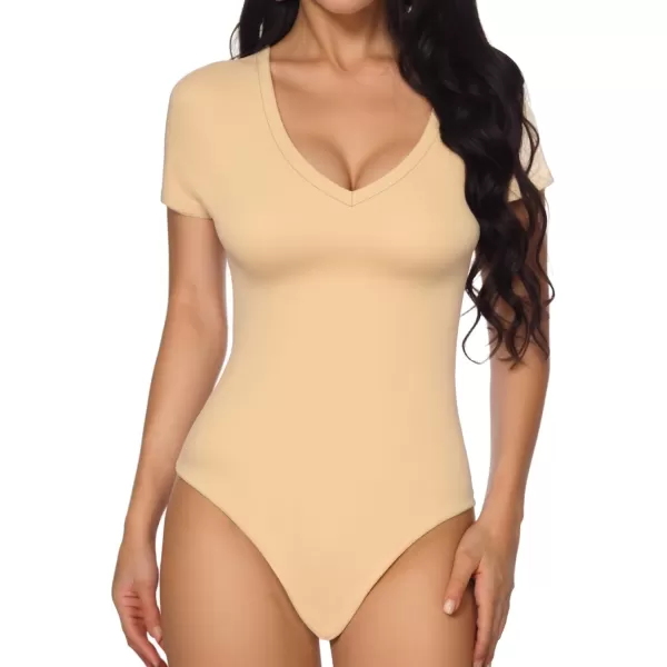 MANGOPOP Deep V Neck Short Sleeve Long Sleeve Tops Bodysuit for Women ClothingShort Sleeve Nude