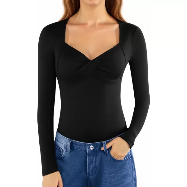 MANGOPOP Deep V Neck Twist Knot Fitted Bodysuit for women Short Sleeve Long Sleeve Body suit TopsLong Sleeve Black