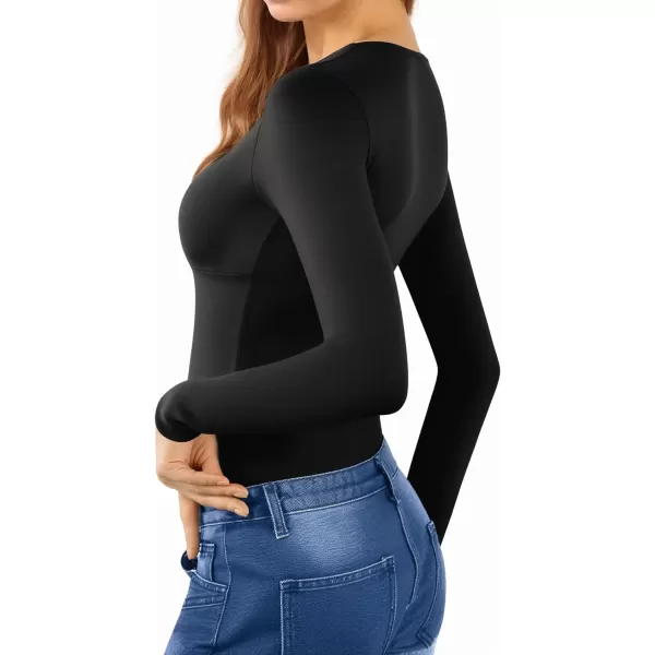 MANGOPOP Deep V Neck Twist Knot Fitted Bodysuit for women Short Sleeve Long Sleeve Body suit TopsLong Sleeve Black