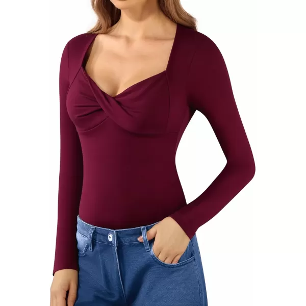 MANGOPOP Deep V Neck Twist Knot Fitted Bodysuit for women Short Sleeve Long Sleeve Body suit TopsLong Sleeve Burgundy