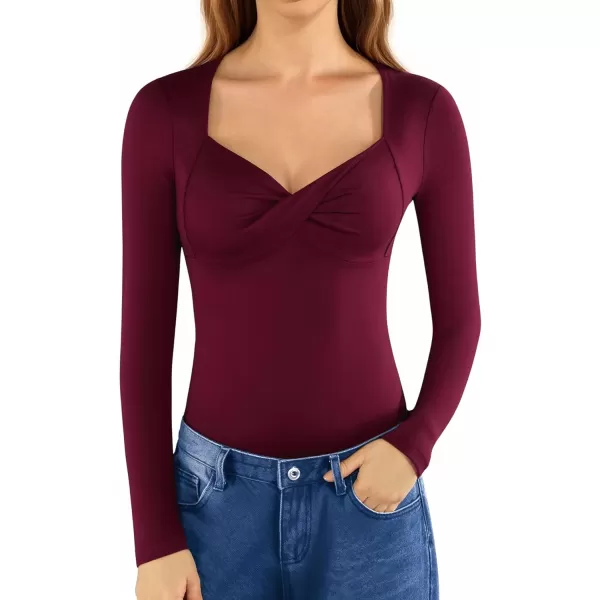 MANGOPOP Deep V Neck Twist Knot Fitted Bodysuit for women Short Sleeve Long Sleeve Body suit TopsLong Sleeve Burgundy