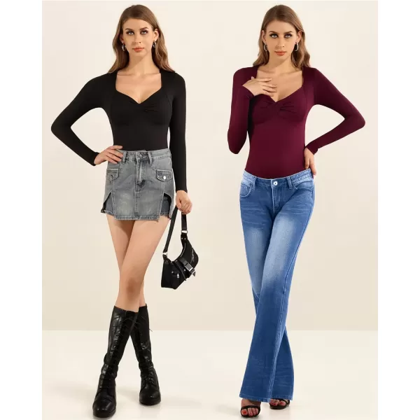 MANGOPOP Deep V Neck Twist Knot Fitted Bodysuit for women Short Sleeve Long Sleeve Body suit TopsLong Sleeve Burgundy