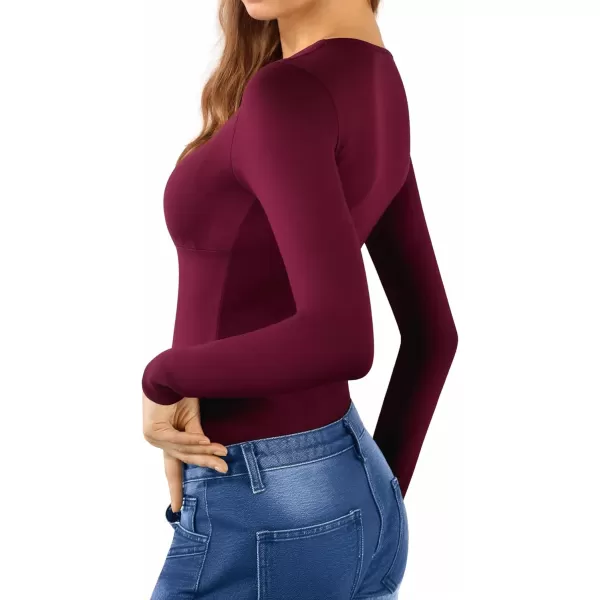 MANGOPOP Deep V Neck Twist Knot Fitted Bodysuit for women Short Sleeve Long Sleeve Body suit TopsLong Sleeve Burgundy