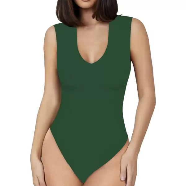 MANGOPOP Double Lined Sleeveless V Neck Tank Tops Fashion Bodysuits for WomenDeep V Neck Deep Green