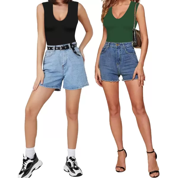 MANGOPOP Double Lined Sleeveless V Neck Tank Tops Fashion Bodysuits for WomenDeep V Neck Deep Green