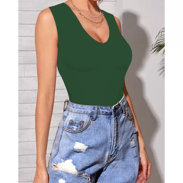 MANGOPOP Double Lined Sleeveless V Neck Tank Tops Fashion Bodysuits for WomenDeep V Neck Deep Green