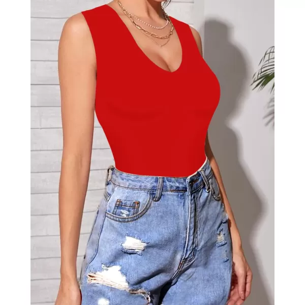 MANGOPOP Double Lined Sleeveless V Neck Tank Tops Fashion Bodysuits for WomenDeep V Neck Red